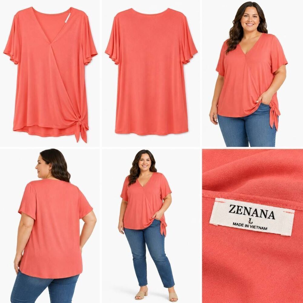 Zenana Women’s Coral Short Sleeve Tie Wrap Top Size L V-Neck Flowy Blouse